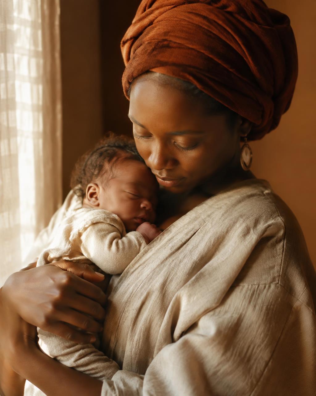Mother holding her newborn in warm window light